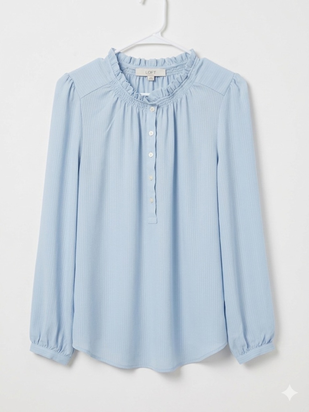 LOFT Pastel Blue Long Sleeve Top - Ruffle Collar & Button Front Medium